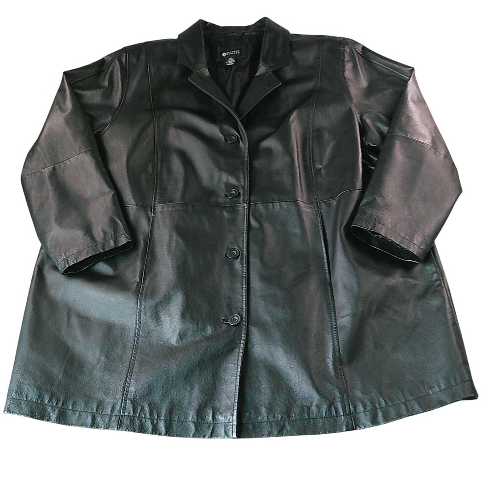 Maggie Barnes Leather Jacket Women 3X Black Button Front Long Sleeve Car Coat